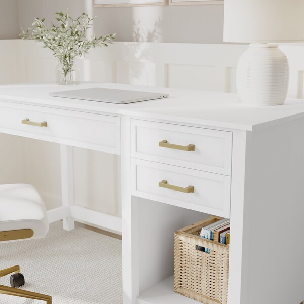 Martha Stewart Hutton Shaker Style Home Office Desk w/2 Side Drawers in White w/Polished Brass Hardware - ZG-ZP-11-WH-GLD-MS