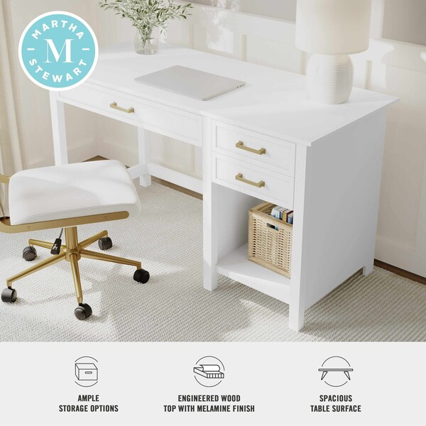 Martha Stewart Hutton Shaker Style Home Office Desk w/2 Side Drawers in White w/Polished Brass Hardware - ZG-ZP-11-WH-GLD-MS