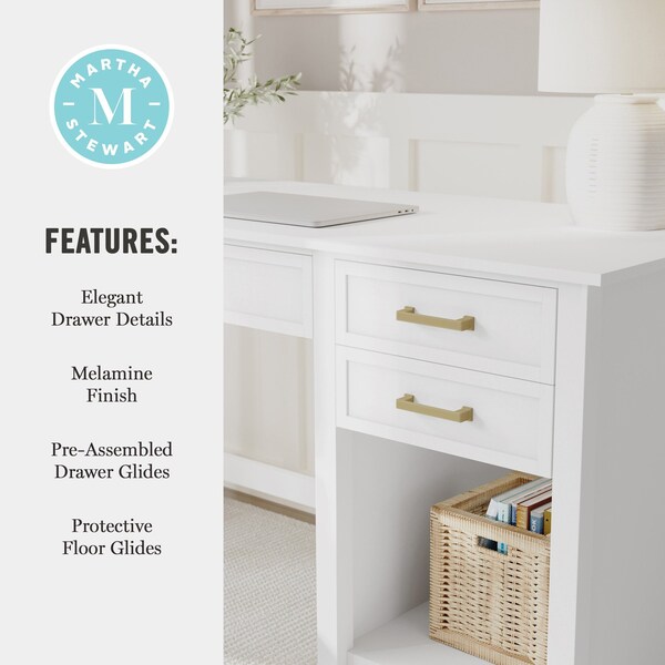 Martha Stewart Hutton Shaker Style Home Office Desk w/2 Side Drawers in White w/Polished Brass Hardware - ZG-ZP-11-WH-GLD-MS
