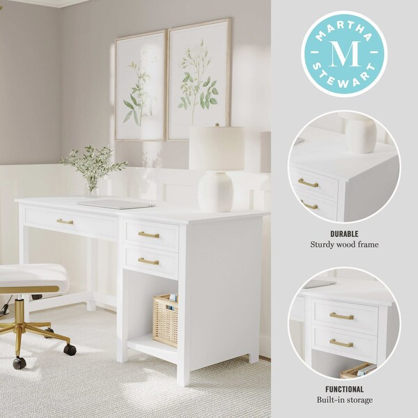 Martha Stewart Hutton Shaker Style Home Office Desk w/2 Side Drawers in White w/Polished Brass Hardware - ZG-ZP-11-WH-GLD-MS