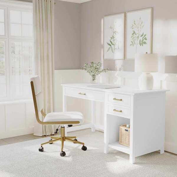 Martha Stewart Hutton Shaker Style Home Office Desk w/2 Side Drawers in White w/Polished Brass Hardware - ZG-ZP-11-WH-GLD-MS