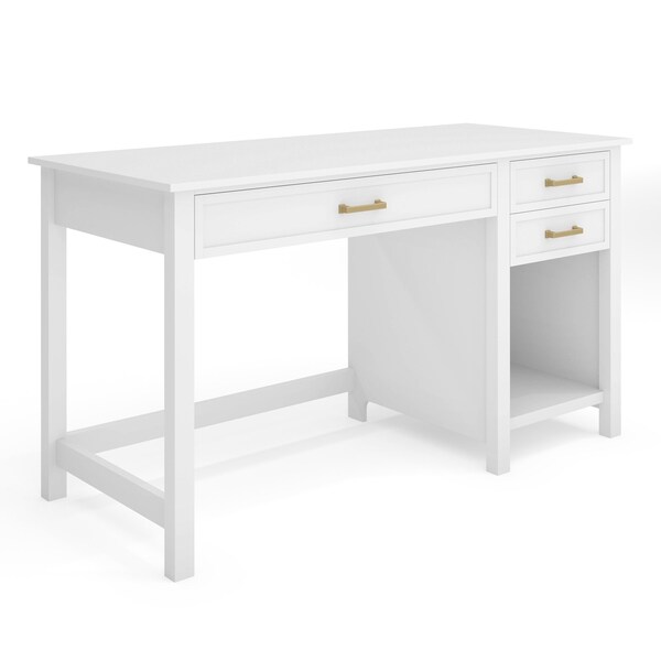 Martha Stewart Hutton Shaker Style Home Office Desk w/2 Side Drawers in White w/Polished Brass Hardware - ZG-ZP-11-WH-GLD-MS