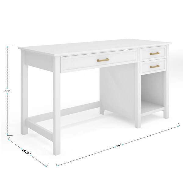 Martha Stewart Hutton Shaker Style Home Office Desk w/2 Side Drawers in White w/Polished Brass Hardware - ZG-ZP-11-WH-GLD-MS
