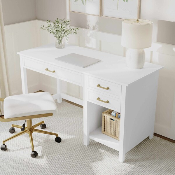 Martha Stewart Hutton Shaker Style Home Office Desk w/2 Side Drawers in White w/Polished Brass Hardware - ZG-ZP-11-WH-GLD-MS
