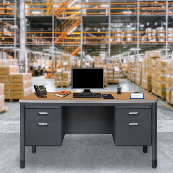 Regency Mesa Steel Double Pedestal Teacher's Office Desk 60'' x 30'', Medium Oak - 66266DPMO