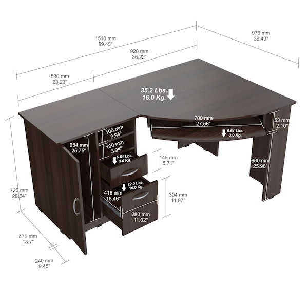 Inval Corner Computer Desk 59.45 in. W Espresso 2 -Drawer with Keyboard Tray - ET-3115