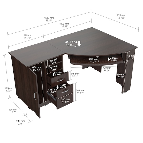 Inval Corner Computer Desk 59.45 in. W Espresso 2 -Drawer with Keyboard Tray - ET-3115