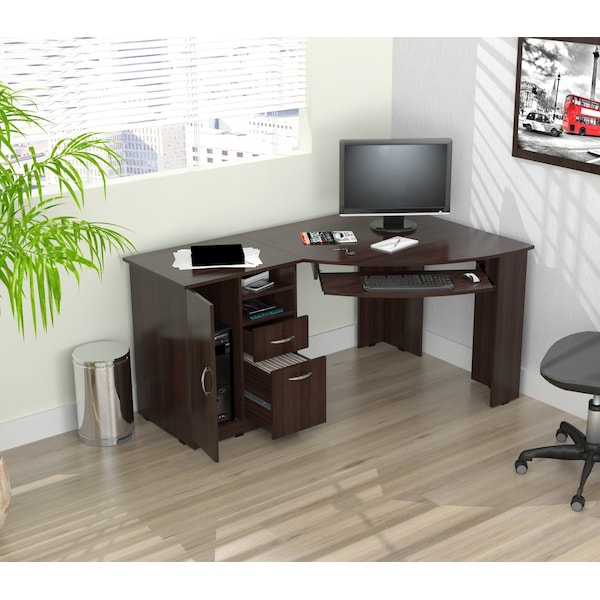 Inval Corner Computer Desk 59.45 in. W Espresso 2 -Drawer with Keyboard Tray - ET-3115