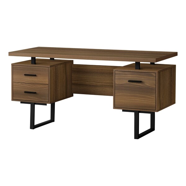 Monarch Specialties Computer Desk, Home Office, Laptop, Left, Right Set-up, Storage Drawers, 60"L, Work, Metal, Walnut - I 7625