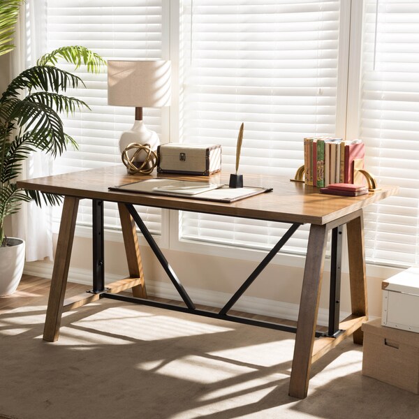 Baxton Studio Nico Metal and Distressed Wood Adjustable Height Work Table - 140-7570