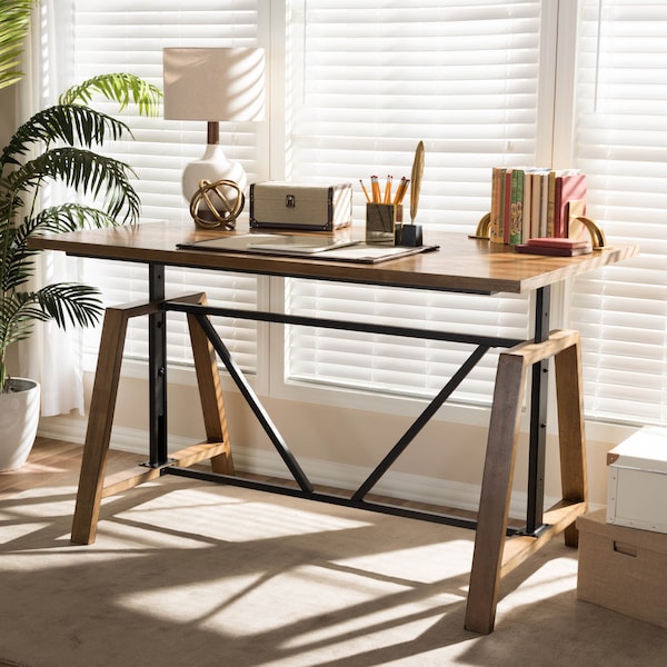 Baxton Studio Nico Metal and Distressed Wood Adjustable Height Work Table - 140-7570