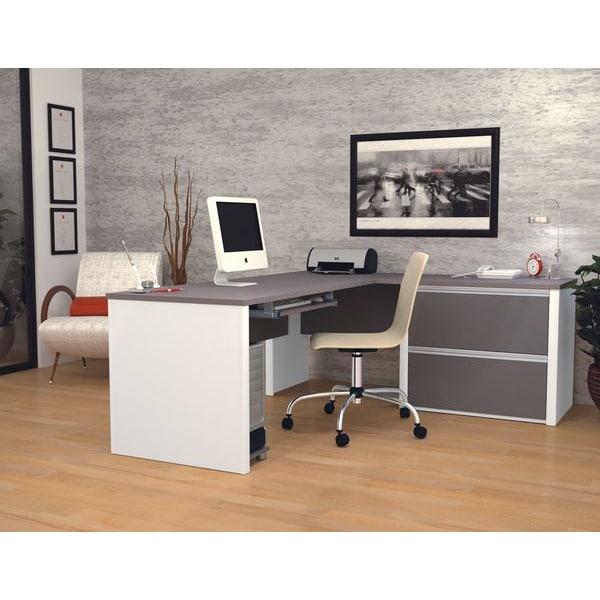 Bestar L Shaped Desk L-Shape Workstation, 82.9" D X 30.4" H, 71.1" W X Melamine, Slate/Sandstone - 93862-59