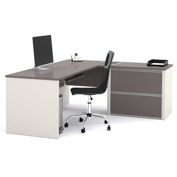 Bestar L Shaped Desk L-Shape Workstation, 82.9" D X 30.4" H, 71.1" W X Melamine, Slate/Sandstone - 93862-59