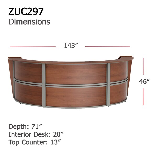 Linea Italia Curved Reception Desk with Counter, 3 Units, 143 inW x 71 inD, Cherry - ZUC297