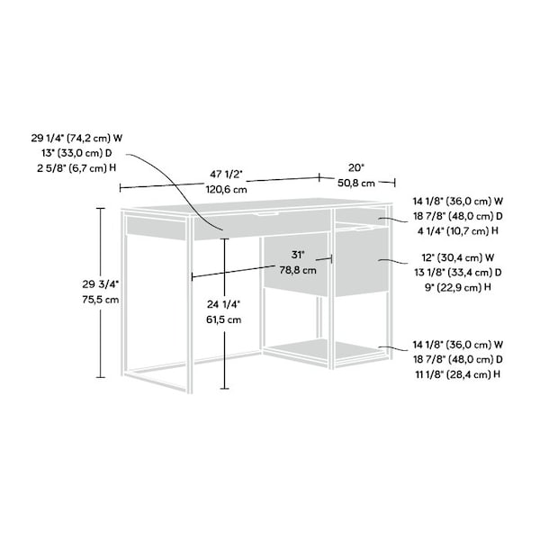 Sauder Single Ped Desk, 20 in D X 29.72 in H, 47.48 in W X Engineered wood, Metal - 431116