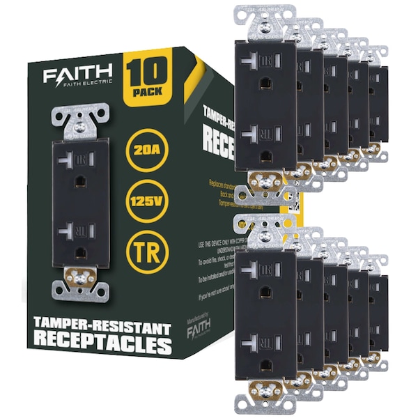 Faith 20 Amp 125-Volt Tamper-Resistant NEMA5-20R Wall Mount Duplex Outlet UL Listed, Black, 10PK - SSRE4TR-BK-10