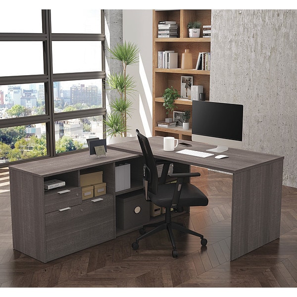 Bestar L Shaped Desk L-Shape Desk, 59-19/64" D X 29.6" H, 71.1" W X Melamine, Bark Gray - 160850-47