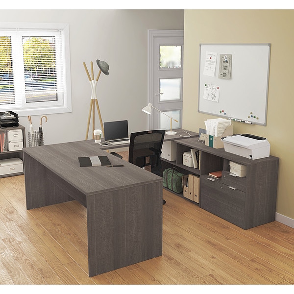 Bestar U Shaped Desk U Desk, I3 Plus, 2 Drawers, Bark Gray, 88.6" D X 29.6" H, 71.1" W X Melamine, Bark Gray - 160860-47