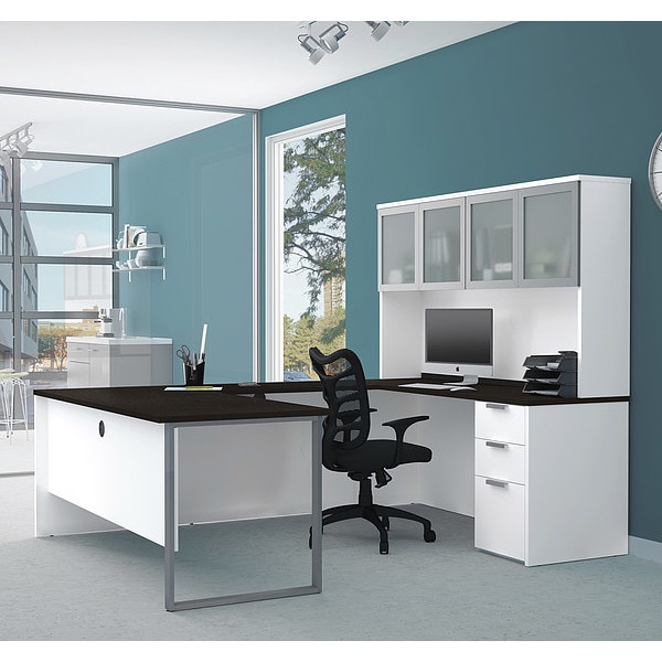 Bestar U Shaped Desk U Desk, Glass Door Hutch, White, Deep Grey, 92.4" D X 70.1" H, 71.1" W X Melamine - 110890-17