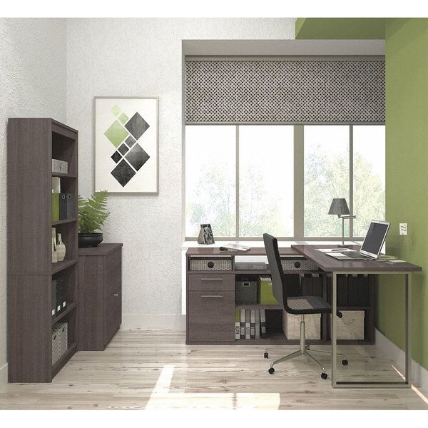 Bestar L Shaped Desk L-Shaped Desk, Lat. File/Bkcs, Bark Gray, 59.3" D X 29.7" H, 59.3" W X Melamine - 29851-47