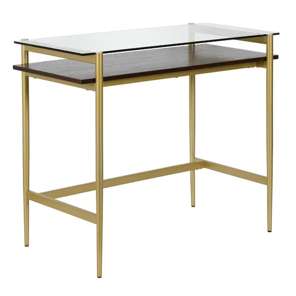 Hudson & Canal Henn &amp; Hart  Eaton Brass Desk with Walnut Shelf - 30 x 36 x 18 in. - OF0644