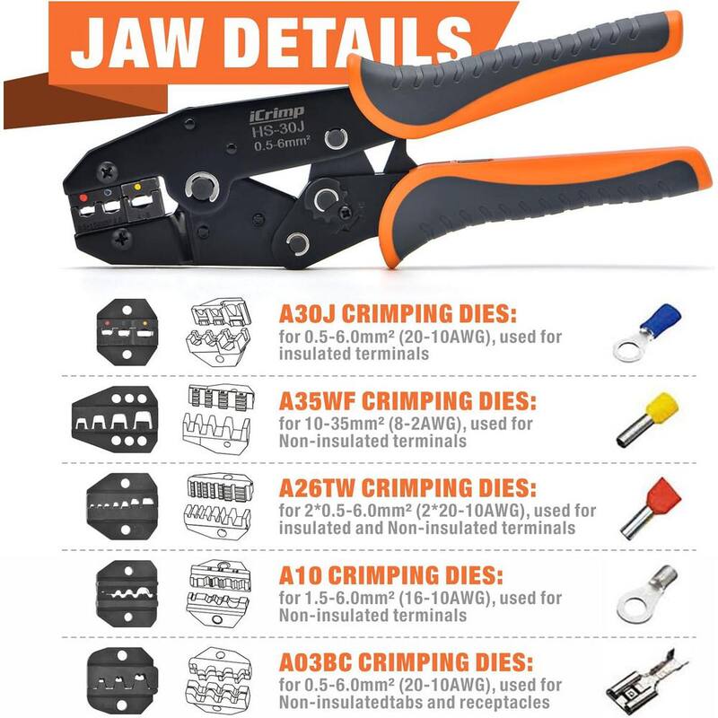 Etokfoks Crimper Ratchet Wire Tool Set with Interchangeable Jaws for Insulated and Non-Insulated Terminals AWG20-2 - MLPH020LT411