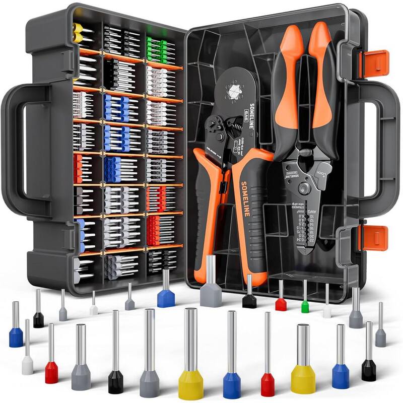 Etokfoks 2.72 in. Hexagonal Ferrule Crimping Pliers Tool Kit with 24 Sizes Insulated Ferrules and Twin Ferrules in Black - MLPH020LT400