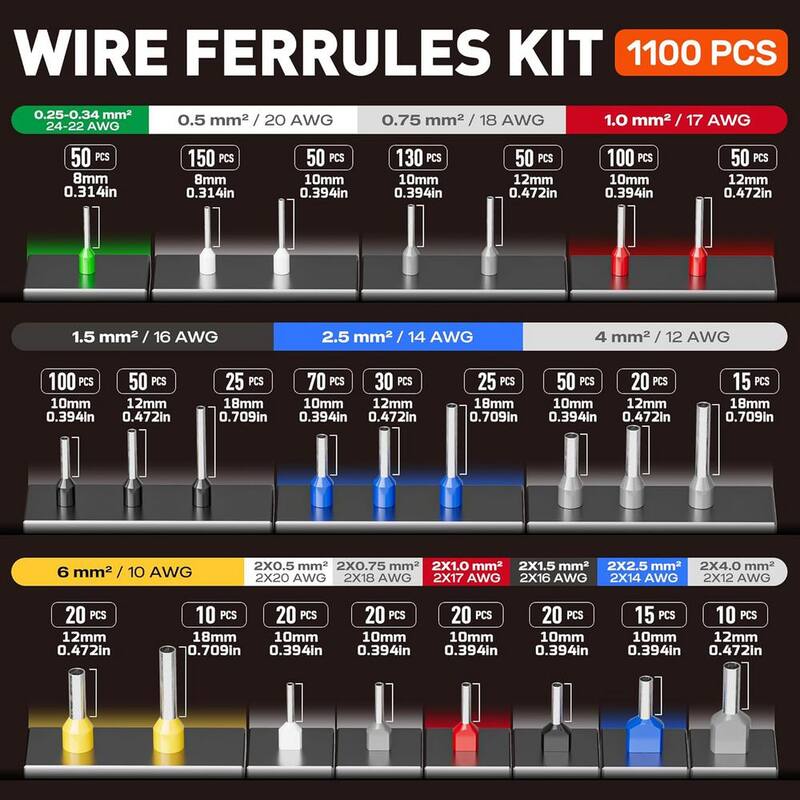 Etokfoks 2.72 in. Hexagonal Ferrule Crimping Pliers Tool Kit with 24 Sizes Insulated Ferrules and Twin Ferrules in Black - MLPH020LT400