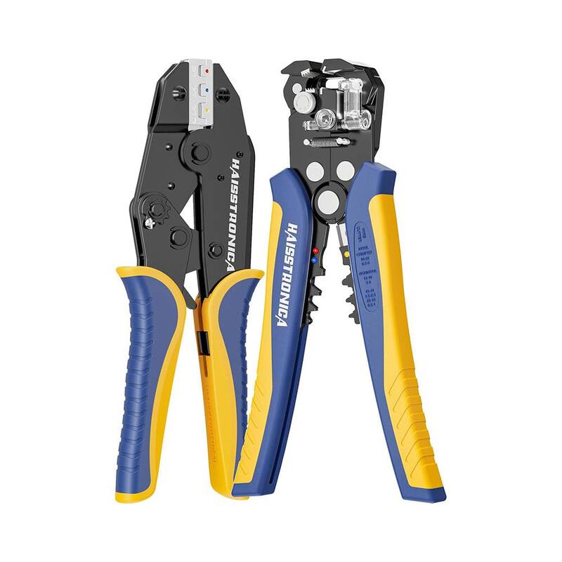 Lukyamzn AWG 22-10 Ratchet Wire Crimper Tool with AWG 24-10 Automatic Wire Stripper for Heat Shrink Connectors, Blue and Yellow - SA17-227B052
