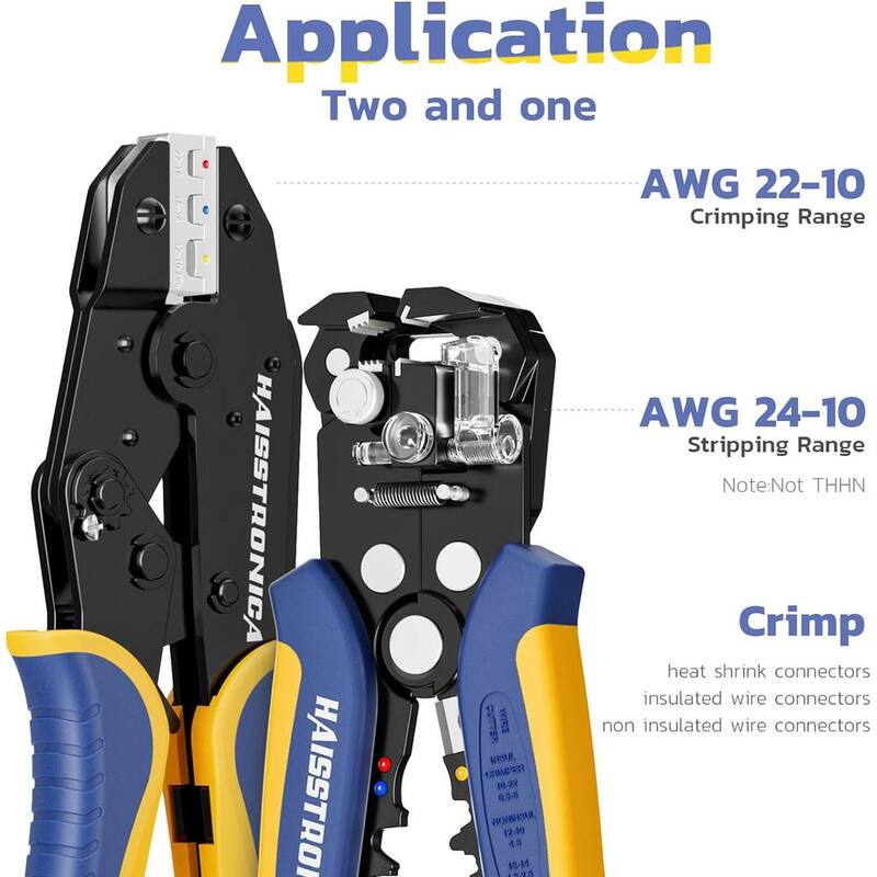 Lukyamzn AWG 22-10 Ratchet Wire Crimper Tool with AWG 24-10 Automatic Wire Stripper for Heat Shrink Connectors, Blue and Yellow - SA17-227B052