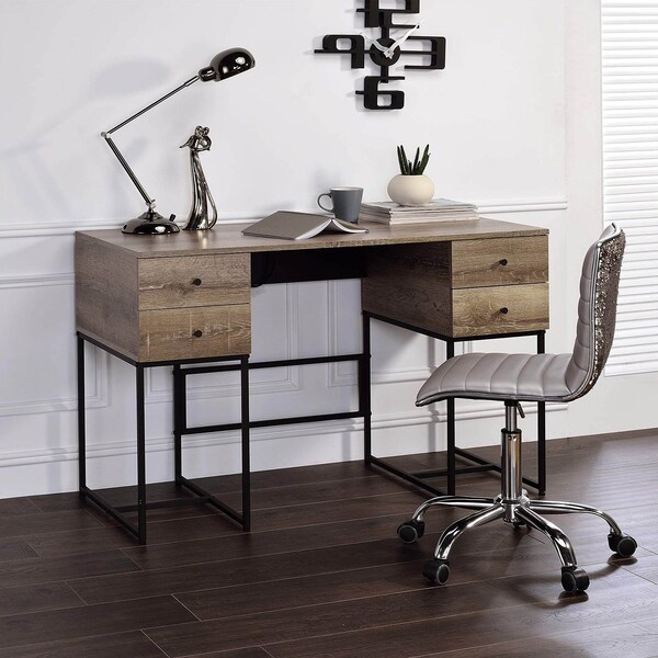 Acme Wooden Top 4-Drawer Writing Desk in Rustic Oak and Black - ER-0112OAK