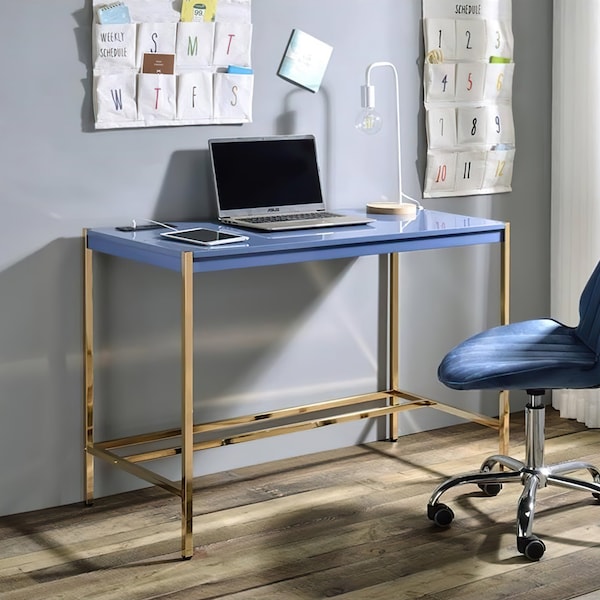 Acme Wooden Top Writing Desk with USB Port in Navy Blue and Gold - ER-0280BL