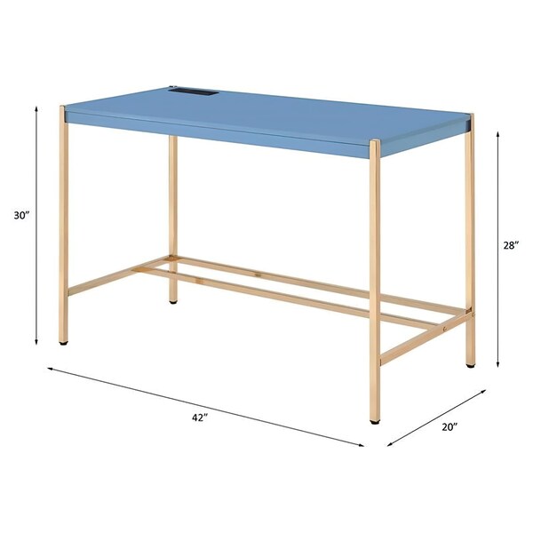 Acme Wooden Top Writing Desk with USB Port in Navy Blue and Gold - ER-0280BL