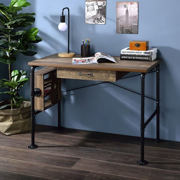 Acme Wooden Top Writing Desk in Weathered Oak and Black - ER-052OAK