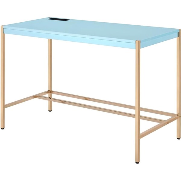Acme Wooden Top Writing Desk with USB Port in Baby Blue and Gold - ER-0280BB