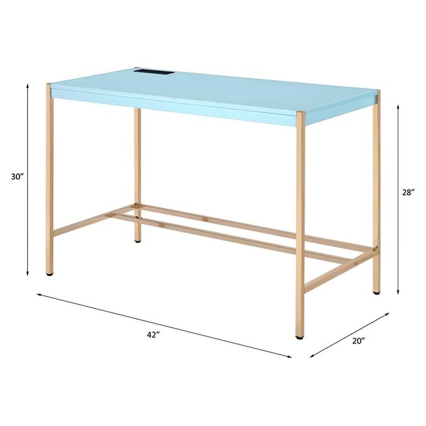 Acme Wooden Top Writing Desk with USB Port in Baby Blue and Gold - ER-0280BB