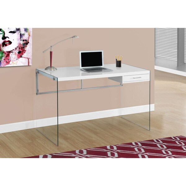 Gfancy Fixtures 30 in. Glossy White Particle Board & Clear Tempered Glass Computer Desk - GF3092267
