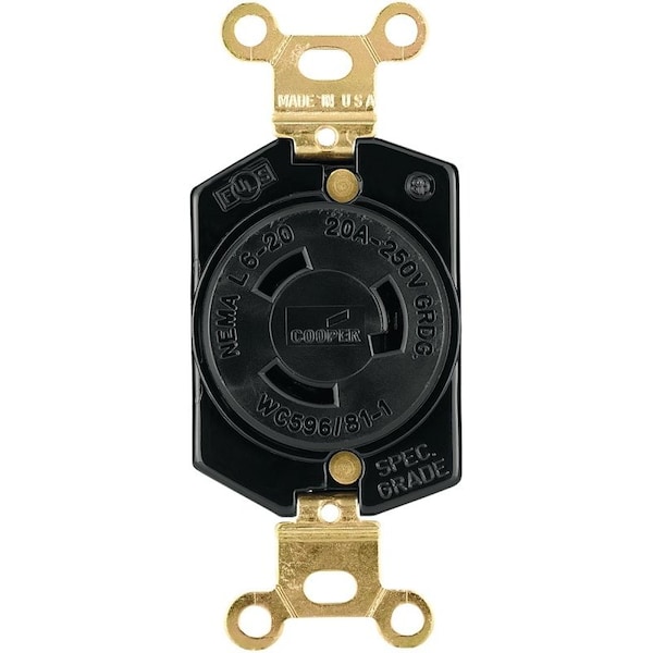 Eaton Wiring Devices Single Receptacle, 2 -Pole, 250 V, 20 A, Back and Side Wiring, NEMA: NEMA L6-20, Black - L620R