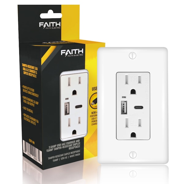 Faith 3.6A 5V Type A and C USB Duplex Wall Outlet with 15A 125V Tamper-Resistant Receptacle, White - CZ07-WH