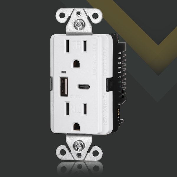 Faith 3.6A 5V Type A and C USB Duplex Wall Outlet with 15A 125V Tamper-Resistant Receptacle, White - CZ07-WH