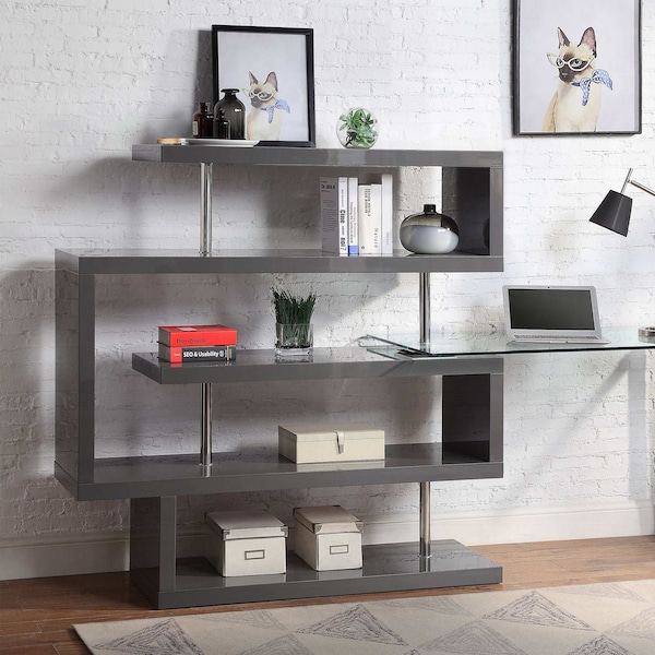 Acme Glass Top Writing Desk in Chrome and Gray High Gloss - ER-0253GY