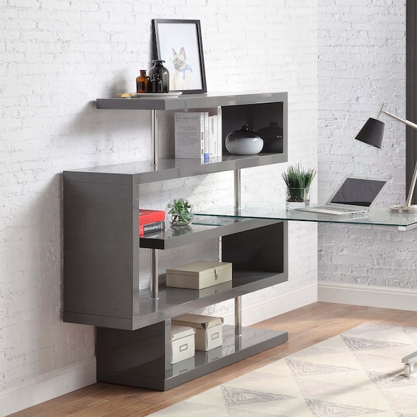 Acme Glass Top Writing Desk in Chrome and Gray High Gloss - ER-0253GY