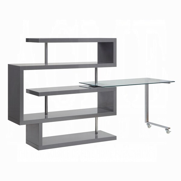 Acme Glass Top Writing Desk in Chrome and Gray High Gloss - ER-0253GY