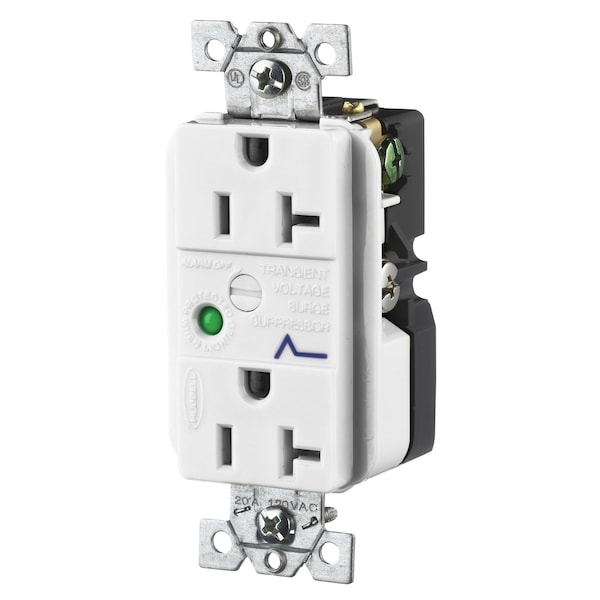 Hubbell Wiring Device-Kellems Surge Protective Devices, SPIKESHIELD TVSS Duplex Receptacle with Light and Alarm, 20A 125V, 5-20R, White - HBL5362WSA