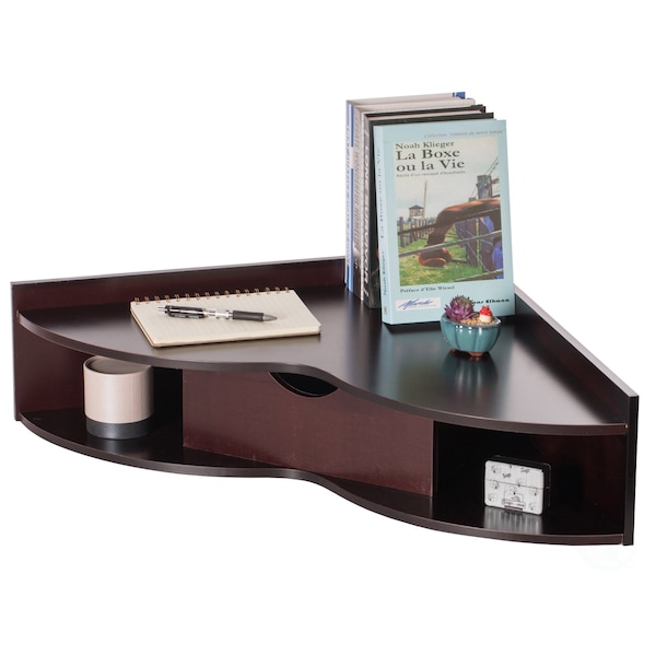 Basicwise Brwn Corner Desk Heart Shaped Wall Mntd Office Table w/Drawer and Two Shelves Computer Writing Desk - QI004024.BN