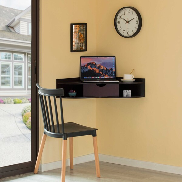 Basicwise Brwn Corner Desk Heart Shaped Wall Mntd Office Table w/Drawer and Two Shelves Computer Writing Desk - QI004024.BN