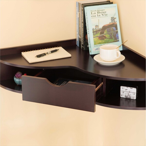Basicwise Brwn Corner Desk Heart Shaped Wall Mntd Office Table w/Drawer and Two Shelves Computer Writing Desk - QI004024.BN