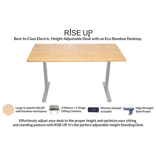 Uncaged Ergonomics RiseUpElectricStandingDesk60X30"BambooDesktopSitStandOffice, Rubb - RUBB