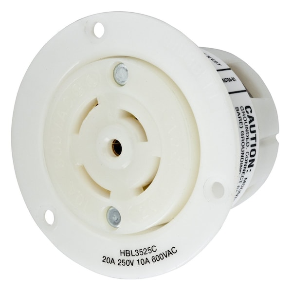 Hubbell Wiring Device-Kellems Locking Devices, Twist-Lock®, Industrial, Flanged Receptacle, 20A 250V DC/600V AC, 4-Pole 5-Wire Grounding, Non- NEMA, Screw Terminal, White - HBL3525C