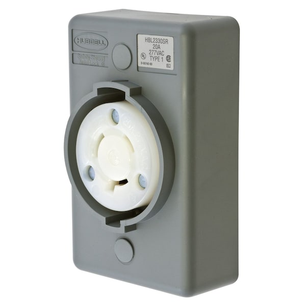 Hubbell Wiring Device-Kellems Locking Devices, Twist-Lock®, Safety Shroud, Surface Mount Receptacle, 20A 277V AC, 2-Pole 3-Wire Grounding, L7-20R, Screw Terminal, Gray - HBL2330SR